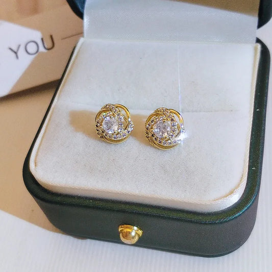 18K Gold Woman Small Crystal Vintage Stud Earrings