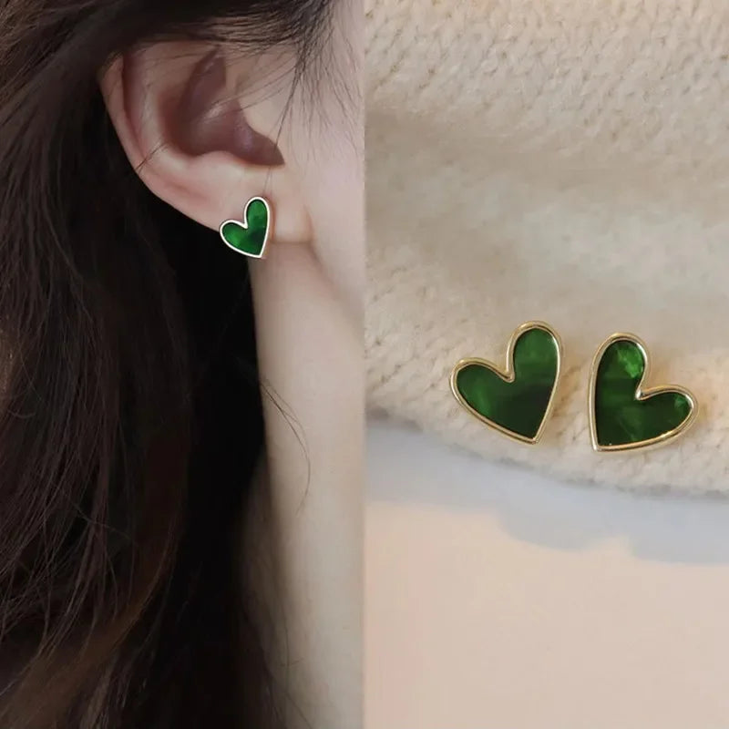 Vintage Dark Green Zircon Heart Earrings for Women